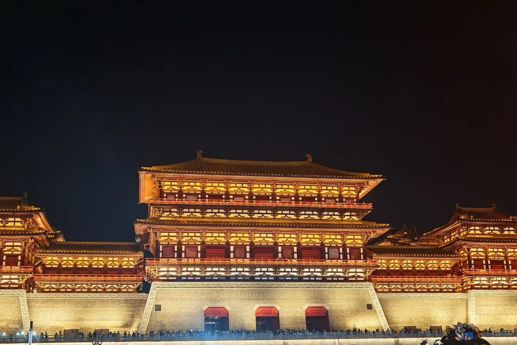 Illuminated reconstructed Yingtian Gate in Luoyang at night