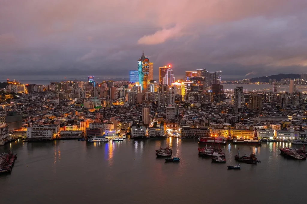 Macau Peninsula skyline and Grand Lisboa at dusk