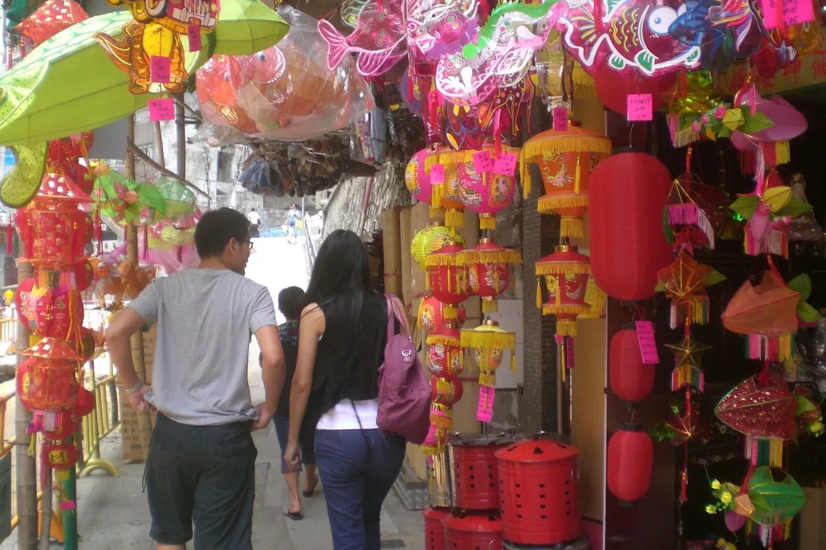 Colourful Mid-Autumn Festival lanterns on Queen's Road West in Hong Kong