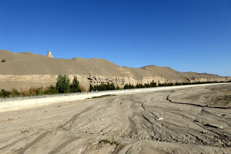 Mogao Caves cliff and desert landscape near Dunhuang