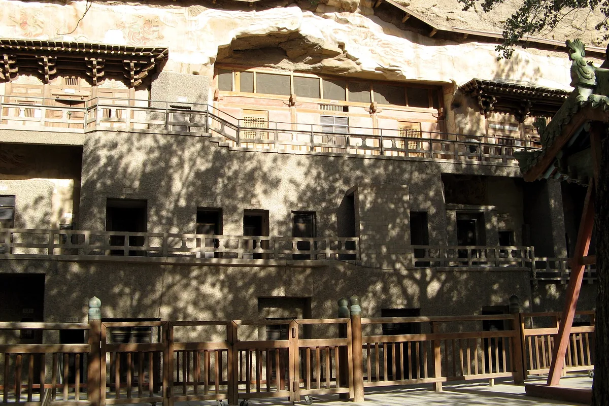 Wooden galleries along the Mogao Caves cliff in Dunhuang