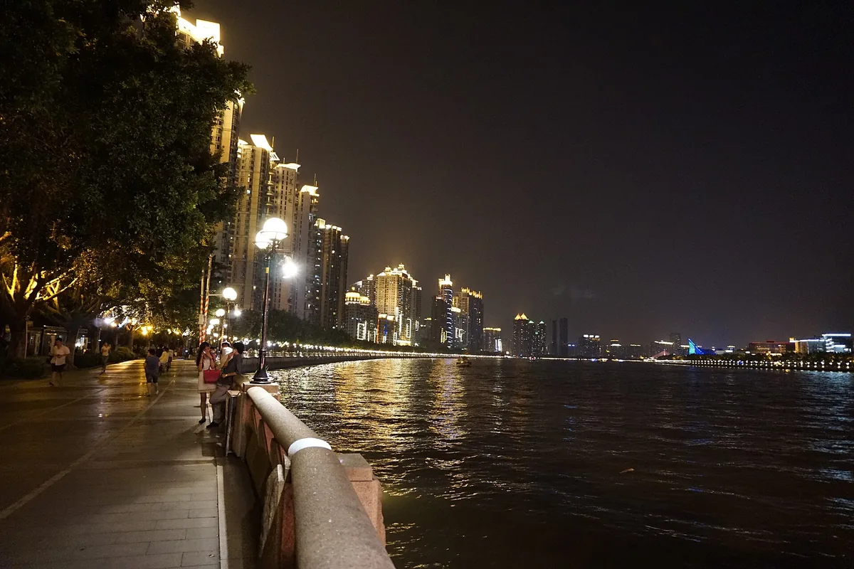 Illuminated Pearl River promenade in Guangzhou at night