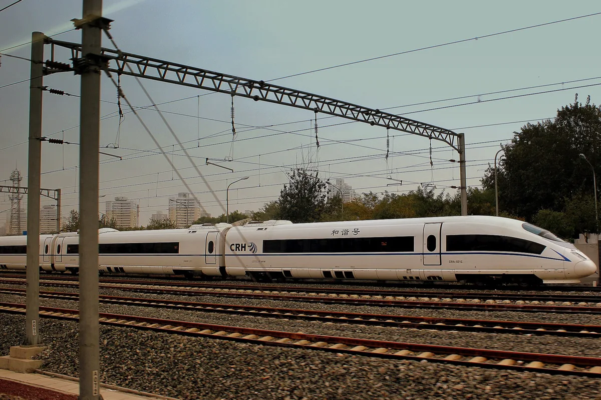 CHINA RAILWAYS HIGH SPEED(CRH) SIEMENS ICE TRAIN SETS AT SHANGHAI SOUTH STATION CHINA OCT 2012