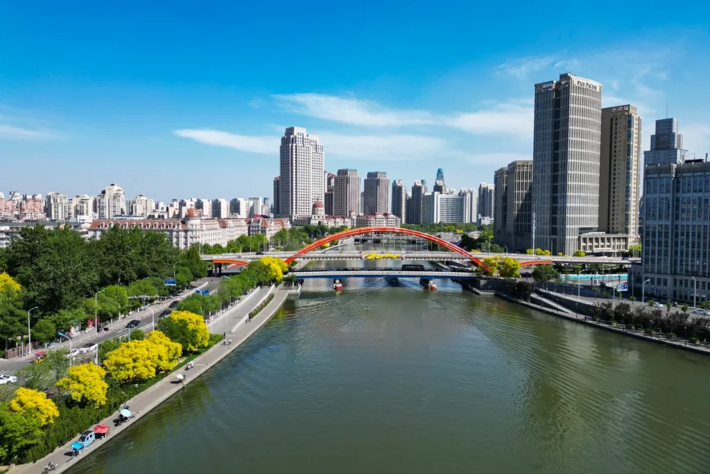 Tianjin cityscape and riverside paths along the Hai River