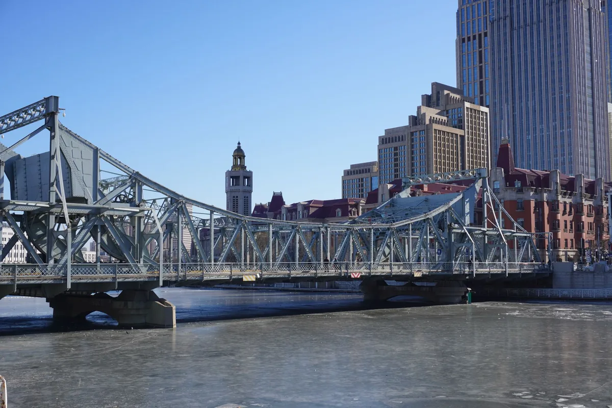 Jiefang Bridge and riverside buildings in central Tianjin