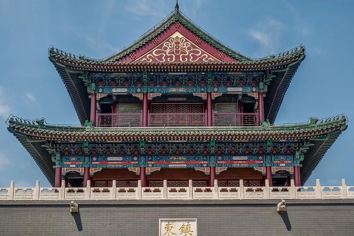 Traditional gate building with painted eaves in Tianjin