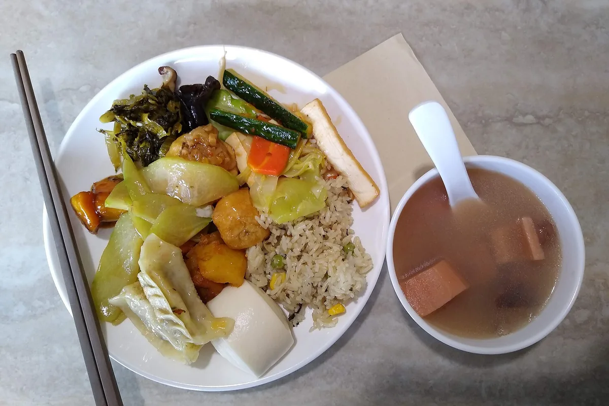 Plate of dishes selected from a vegetarian buffet in China