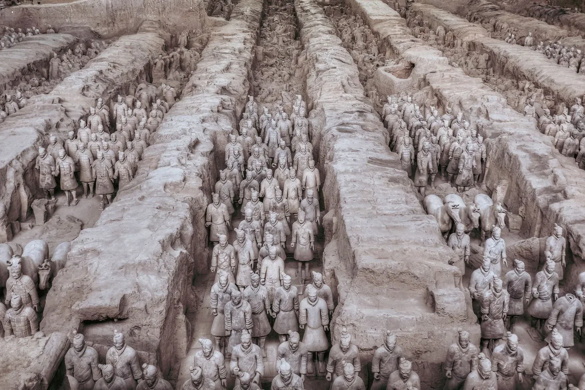 Rows of Terracotta Army warriors in an excavation pit near Xi'an