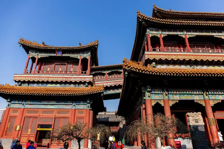 Red and gold temple buildings at Yonghe Temple in Beijing