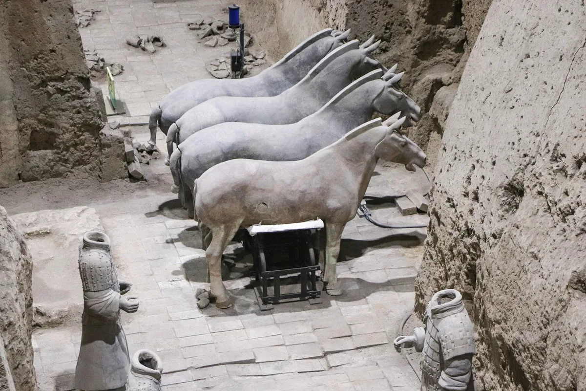 Terracotta warrior and horse figures displayed in Pit 3