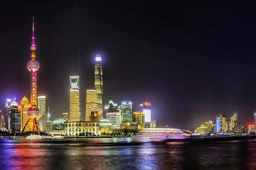 Pudong skyline seen across the river in Shanghai at night