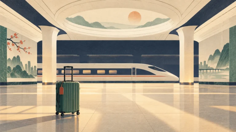 Editorial illustration of an imaginary underground railway concourse with a suitcase