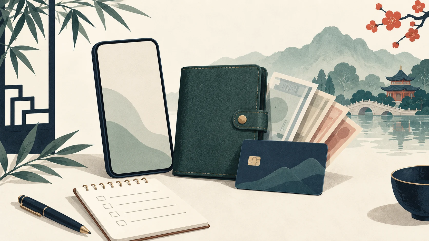 Editorial illustration of a travel wallet, phone, payment card and cash backup checklist