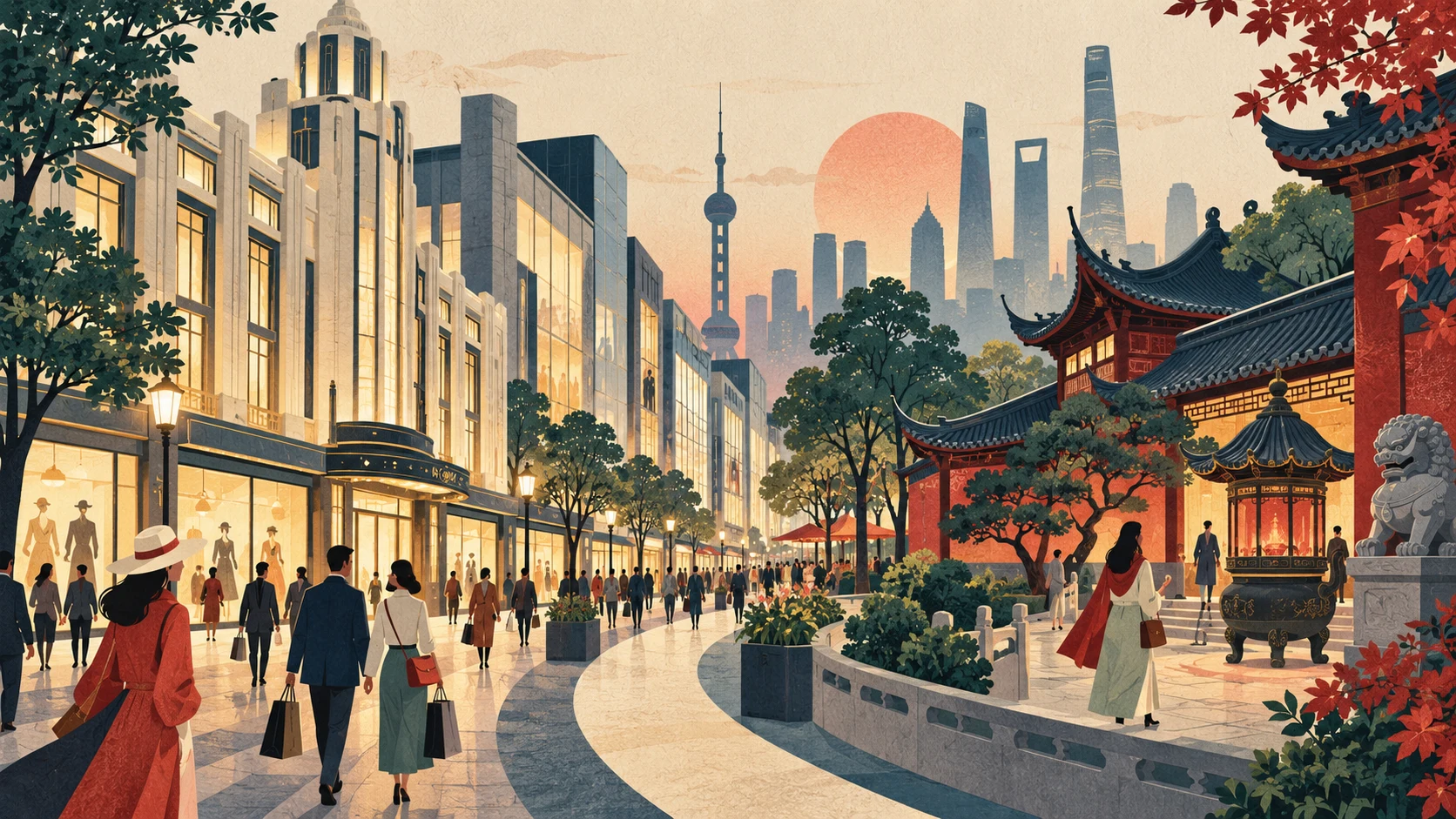 Editorial illustration of contrasting Shanghai shopping streetscapes