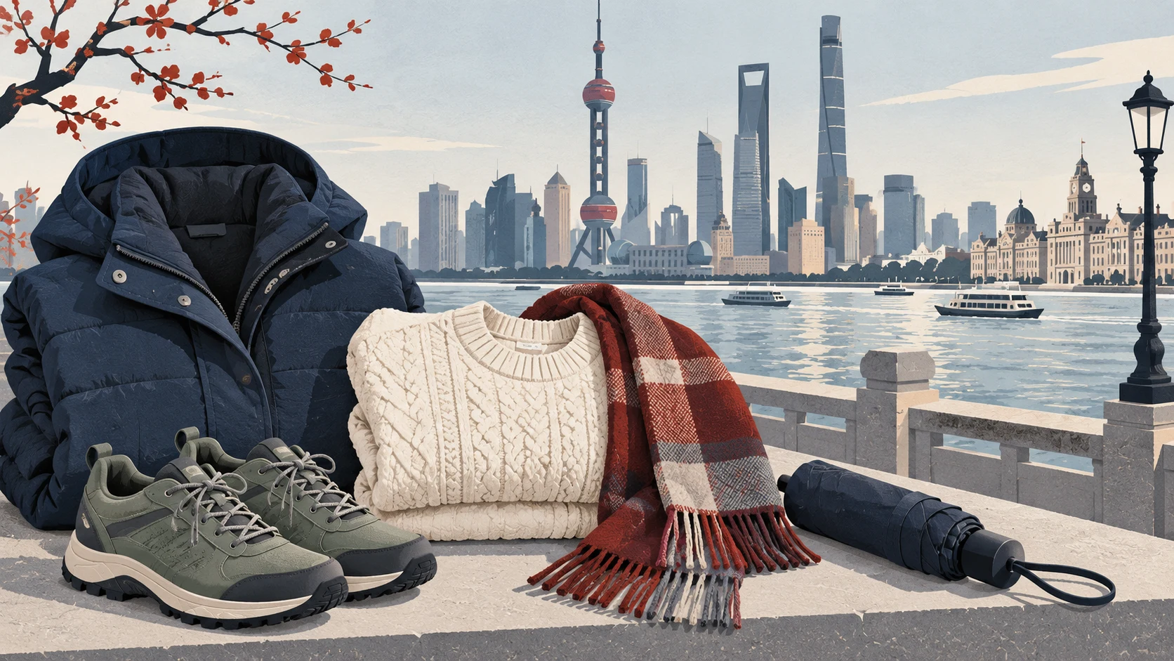 Warm layers, walking shoes and an umbrella beside an abstract winter waterfront