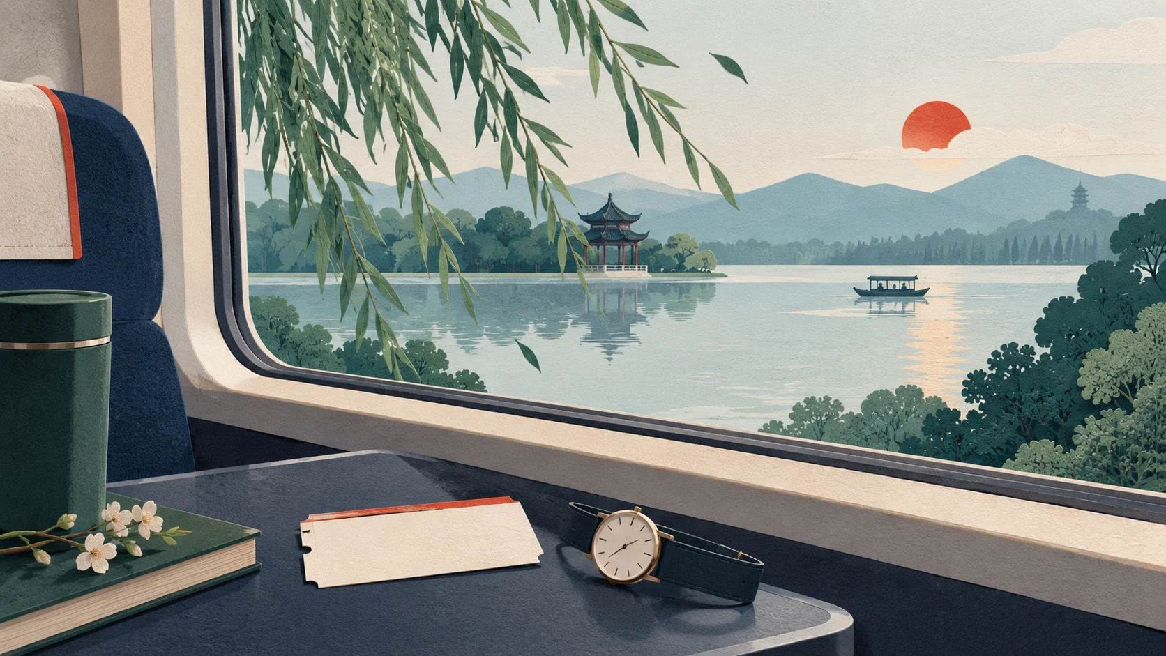 Abstract train window overlooking a lake, with a blank ticket and watch