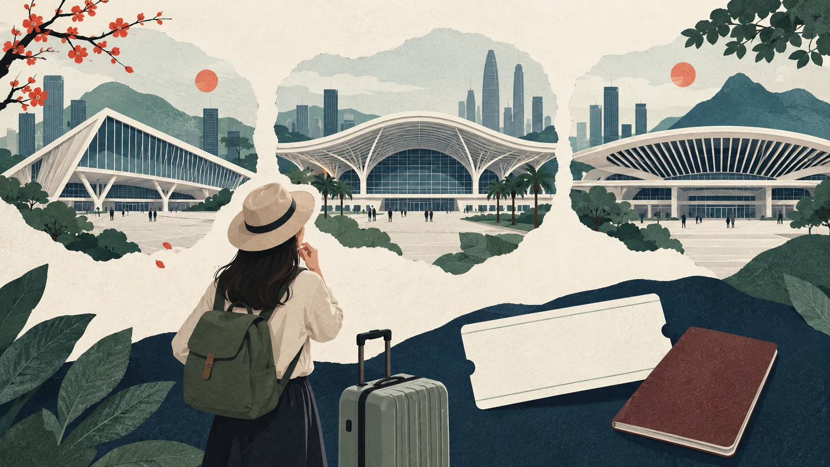 Editorial illustration of choosing between railway stations using a booking and luggage