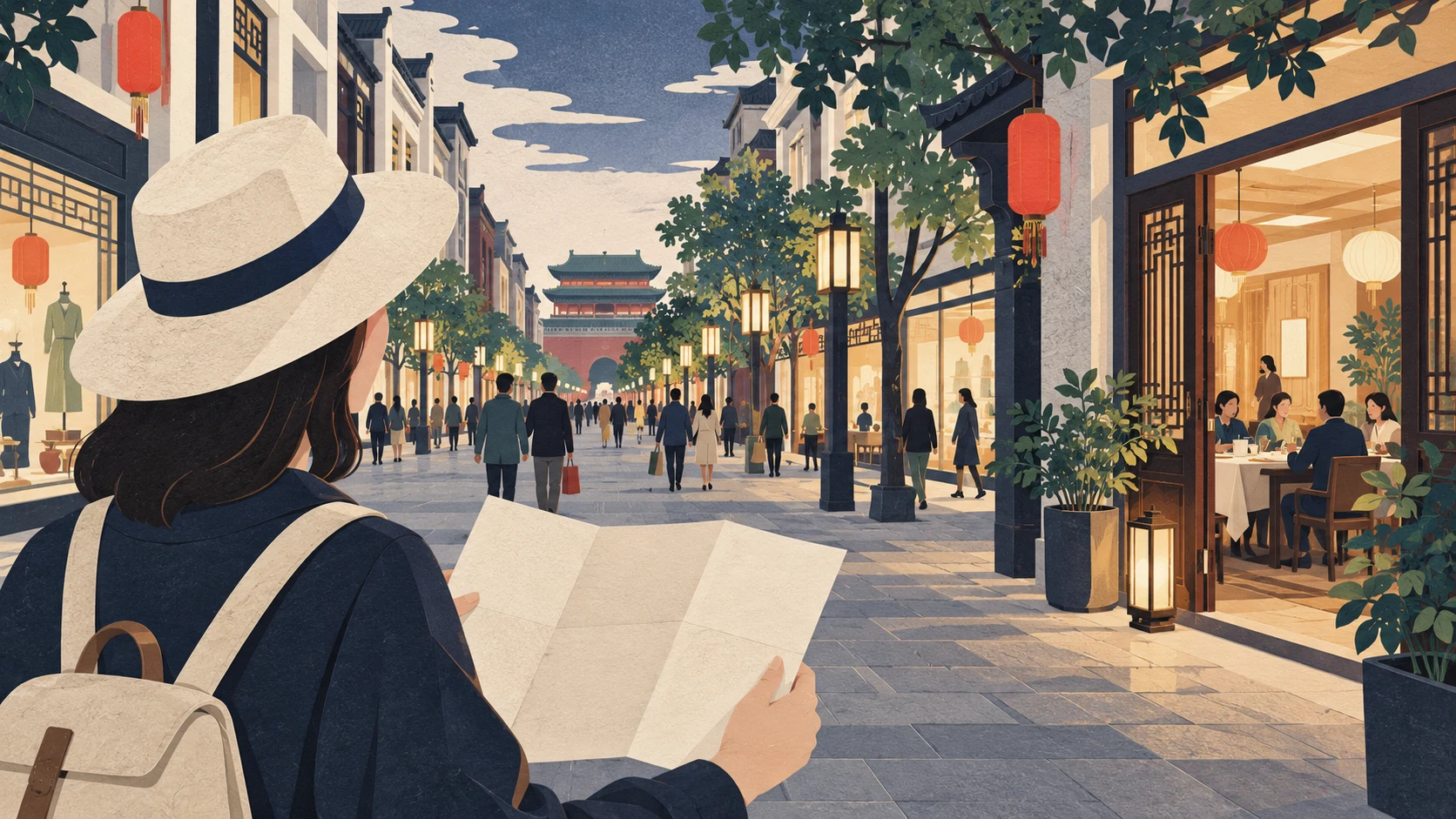 Editorial illustration of a Beijing shopping walk with a restaurant stop