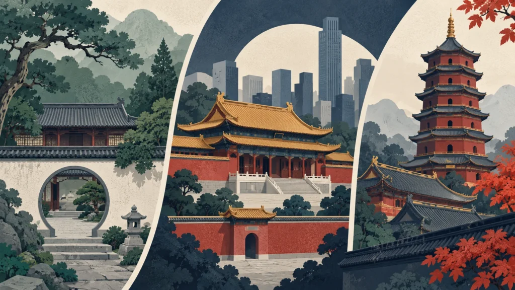 Three abstract courtyard and pagoda motifs in an editorial comparison
